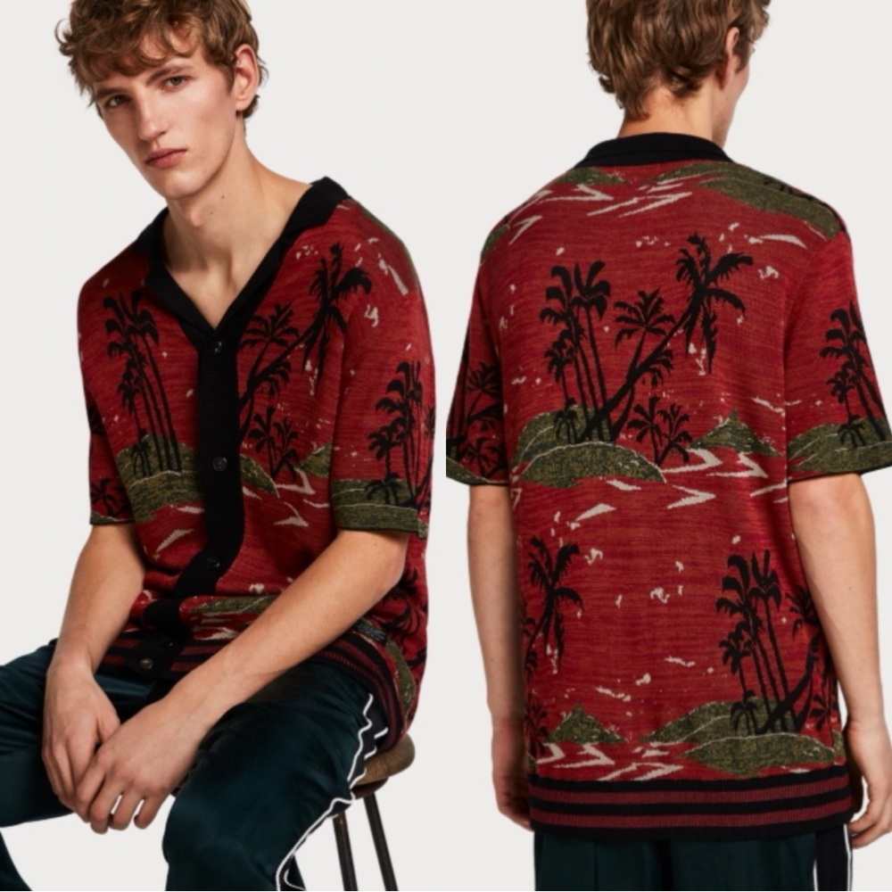 SCOTCH & SODA Jacquard Hawaii Knit Button Down Short Sleeve Top Shirt